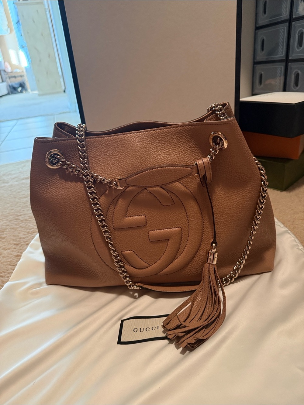 Gucci Tan Leather Shoulder Bag with Tassel Accent